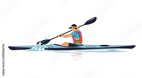 Man kayaking on water, paddling, active lifestyle, summer recreation, sports illustration