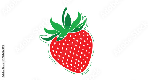 Stylized fresh red strawberry with green leaves and white seed dots in a modern organic line art style.