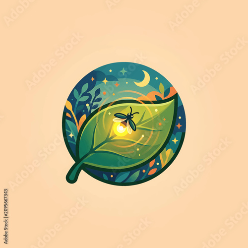 Obraz na plátně Firefly on a green leaf illustration.