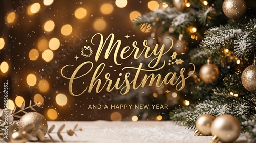 Elegant Merry Christmas Greeting with Gold Ornaments and Bokeh Lights