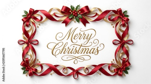 Elegant Merry Christmas greeting with red and gold ribbon frame