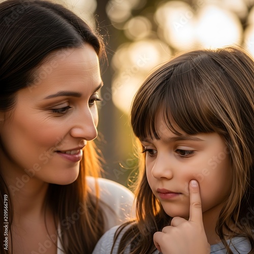 Two young girls whispering secrets outdoors in sunlight.