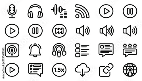 Podcast and Audio Streaming Line Icons Set