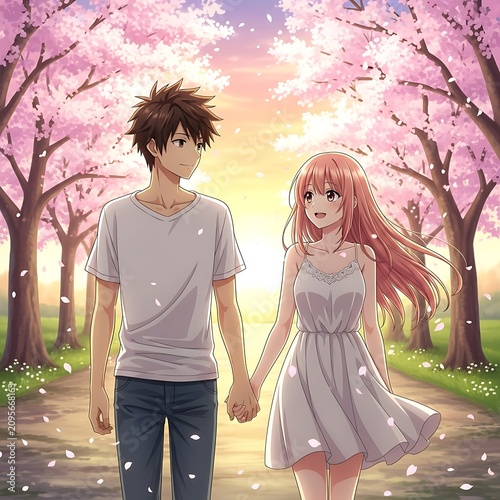 Two young people walking in cherry blossom park at sunset.