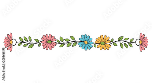 Delicate horizontal floral divider featuring colorful pink, blue, and yellow daisy blossoms with green leaves.