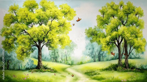 Green ink wash watercolor wilderness meadow landscape painting, spring forest path bird butterfly mist scenery, oriental fresh natural healing illustration poster design material