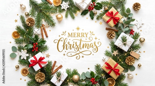 Merry Christmas gold greeting with festive wreath frame on white