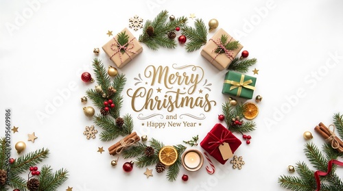 Merry Christmas and Happy New Year greeting with festive wreath