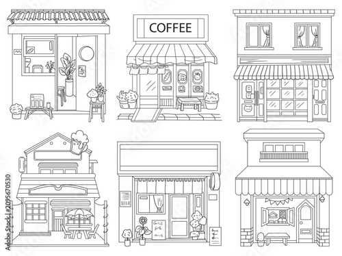 Minimalist vector outline of various storefronts, houses, and sweet shops. Detailed black and white architectural illustrations, suitable for coloring book pages and background patterns.