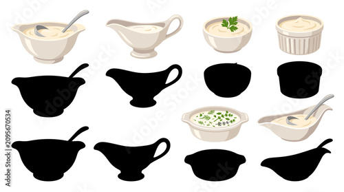Collection of Béchamel Sauce Vector Illustrations in Elegant Bowls, Gravy Boats and Sauce Dishes with Gourmet Garnishes, Isolated on White Background