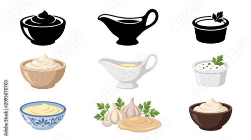 Collection of Garlic Sauce Vector Illustrations in Elegant Bowls, Gravy Boats and Sauce Dishes with Fresh Garlic Garnishes, Isolated on White Background