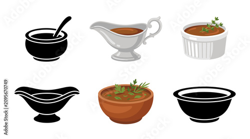 Collection of Espagnole Sauce Vector Illustrations in Elegant Bowls, Gravy Boats and Sauce Dishes with Gourmet Garnishes, Isolated on White Background