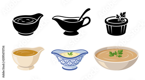 Collection of Veloute Sauce Vector Illustrations in Elegant Bowls, Gravy Boats and Sauce Dishes with Gourmet Garnishes, Isolated on White Background