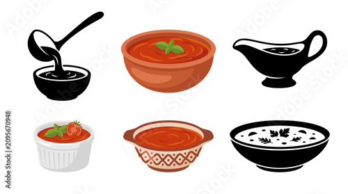 Set of Tomato Sauce Vector Illustrations in Elegant Bowls, Gravy Boats and Sauce Dishes with Gourmet Garnishes, Isolated on White Background