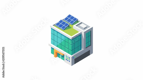 Colorful isometric data center building with solar panels.