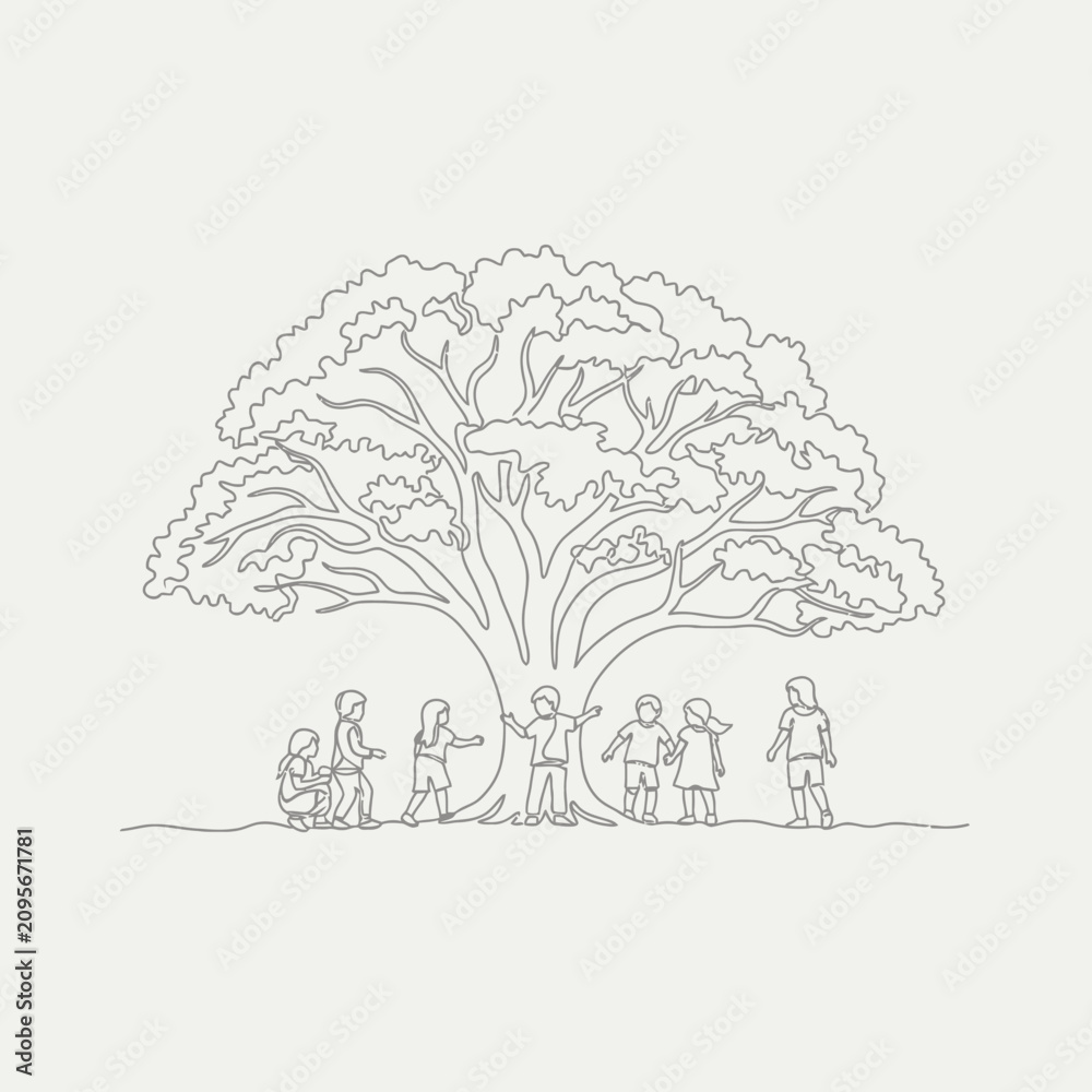 Fototapeta premium Kids playing under big tree line art sketch illustration