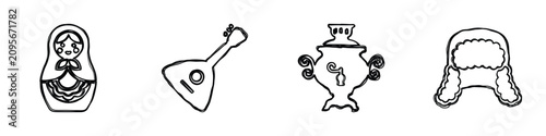Foto A set of four distinct Russian cultural symbols including a nesting doll, balala