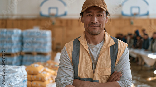Mongolian disaster relief coordinator in a reflective vest oversees supply distribution in a flooded community gymnasium, pallets of water cases and packaged food visible under