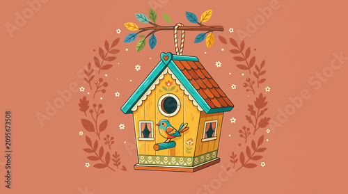 Foto Colorful Bird House with Roof.