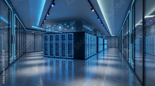 Ultra modern data center corridor with glowing blue server racks stretching into the distance, dramatic perspective, clean environment, futuristic cybersecurity infrastructure, cinematic lighting