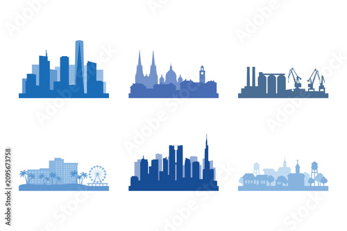 City Skyline Silhouettes in Various Blues