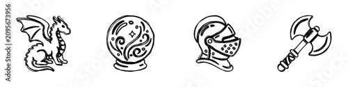 Fotografía A collection of hand-drawn fantasy elements including a mythical creature, a div