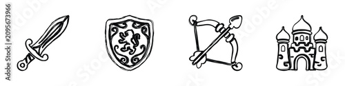 A set of hand-drawn black and white icons representing elements of medieval fantasy, including a sword, shield with a lion emblem, bow and arrow, and a castle