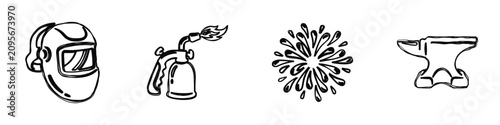 Canvastavla A set of four distinct, sketchy illustrations depicting a welding mask, a blowto