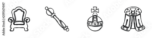 A set of four hand-drawn icons representing symbols of monarchy and power, perfect for historical or ceremonial themes