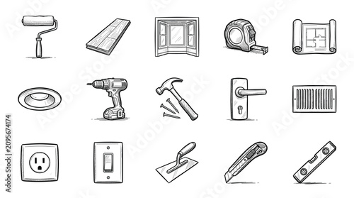 Various hand-drawn construction and home improvement tools and materials are neatly arranged on a clean white background, showcasing essential items for building and renovation projects