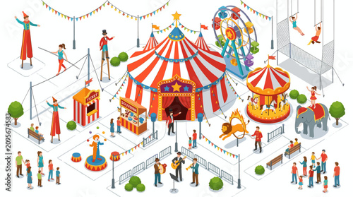 Colorful Circus Festival Scene in Isometric Vector Style