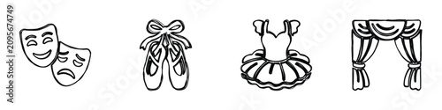 A set of four hand-drawn black and white icons depicting theater masks, ballet slippers, a tutu, and stage curtains, symbolizing performing arts