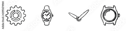 Foto A set of line art icons representing a gear, a wristwatch, clock hands, and a wa