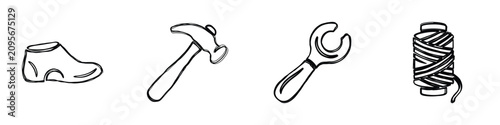 Obraz na płótnie A simple line art illustration featuring a shoe last, hammer, wrench, and spool
