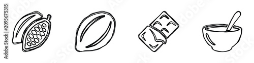 A set of four line art icons illustrating the journey from raw cocoa pods to a finished chocolate bar and a warm beverage