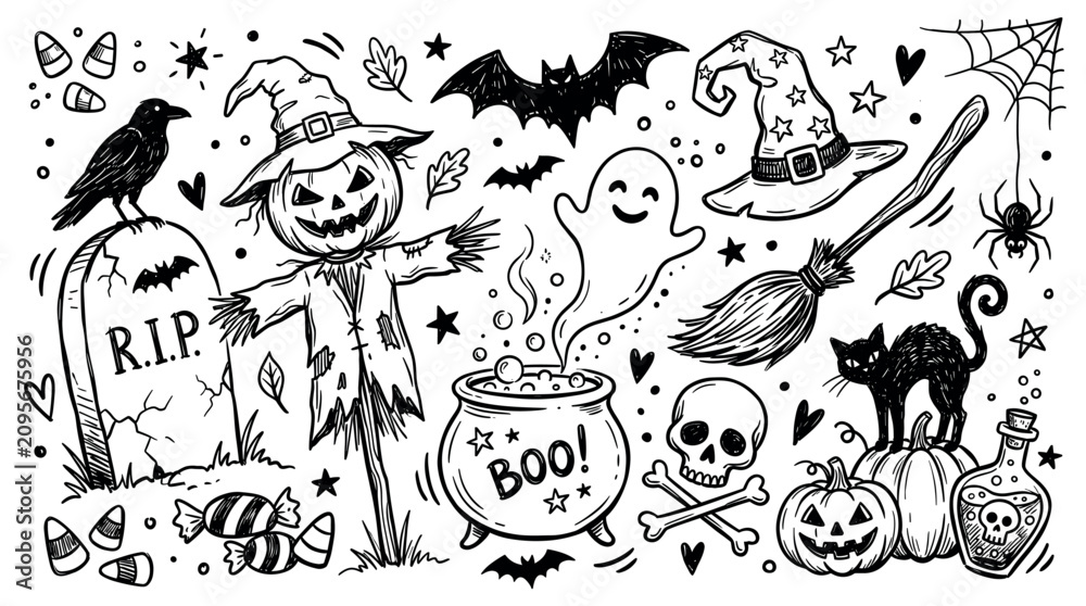 Obraz premium Hand-drawn black and white Halloween elements including a scarecrow, ghost, witch's hat, and cauldron on a clean background
