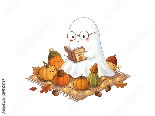 A ghost reads a book among pumpkins and autumn leaves isolated on transparent background