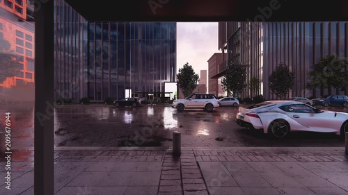 Rainy Evening in the City from Bus Stop, 3D Animation of Moody Urban Street. View of a dark moody town during a wet day.