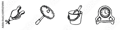 Photography A hand-drawn collection featuring a bellows, a duster, a bucket with a scoop, an