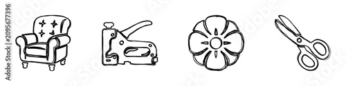 Konstfotografi A set of four distinct line art illustrations depicting a tufted armchair, a sta