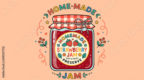 Bild auf Leinwand Colorful homemade strawberry jam label design.