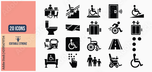 Collection of accessibility icons representing mobility and access for disabled individuals during daily activities isolated on white background