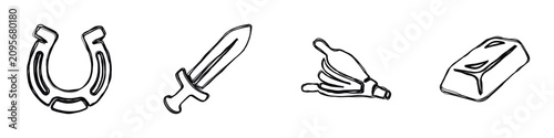 Картината върху платно A set of simple, sketchy line art icons depicting a horseshoe, a sword, bellows,