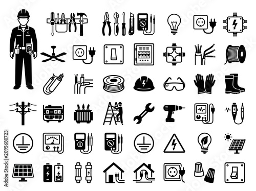 Electrician Tools and Equipment Icons Set
