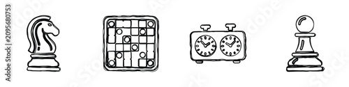 Foto A hand-drawn illustration featuring a chess knight, a game board, a chess clock,