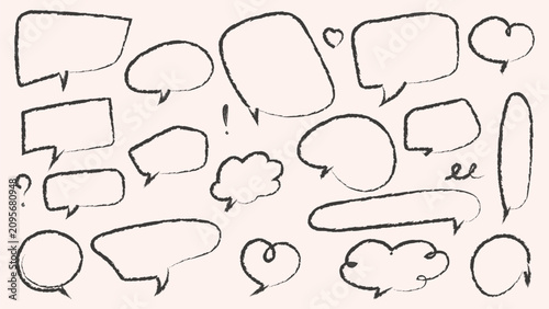 Vector set of hand drawn black chalk speech bubbles and dialogue frames. Minimalist texture monochrome scribble collection of comic clouds text boxes and chat icons isolated on background for website 