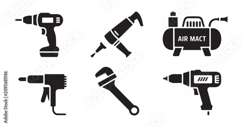 Foto Construction equipment vector icons featuring electric power tools and air compressor for industrial work