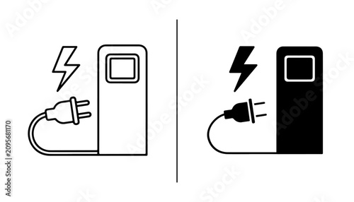 Electric Vehicle Charging Station Icons: Two minimalist icons depict an electric vehicle charging station, one in outline and the other in solid black.