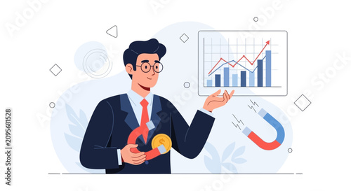 Businessman Attracting Money and Growth with Magnet and Financial Chart - Vector Illustration