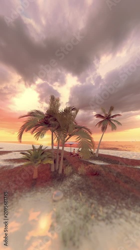 Vertical Cinematic Sunset Tropical Beach Resort with Relaxing Womem 4K Loop. Two young women relaxing on sunbeds under an umbrella during a warm golden evening. Seamless loop featuring a colorful dusk